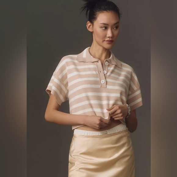 Anthropologie Sweaters - Anthropologie Beige and White Striped Short-Sleeve Polo Sweater